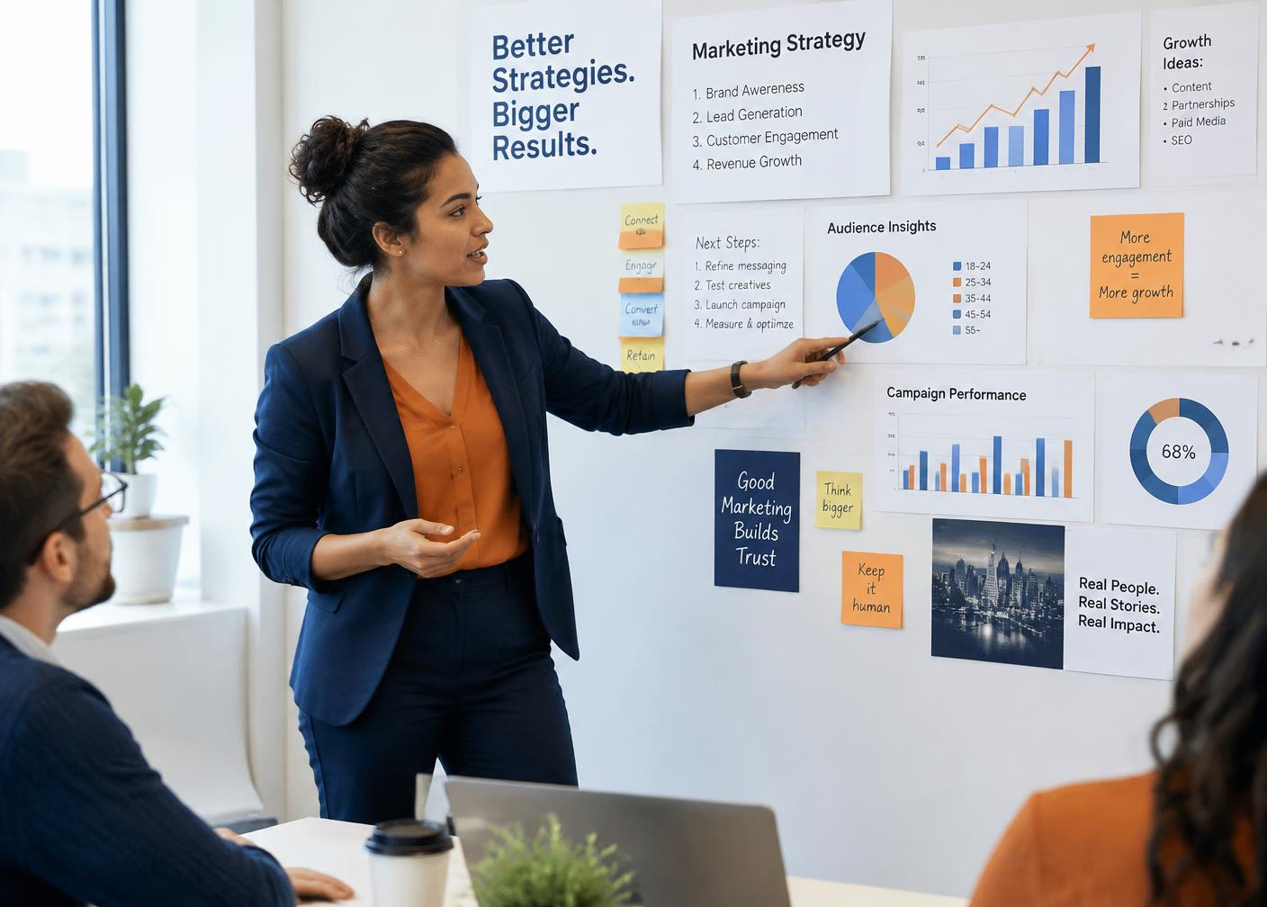 Marketing strategist presenting a campaign plan to clients